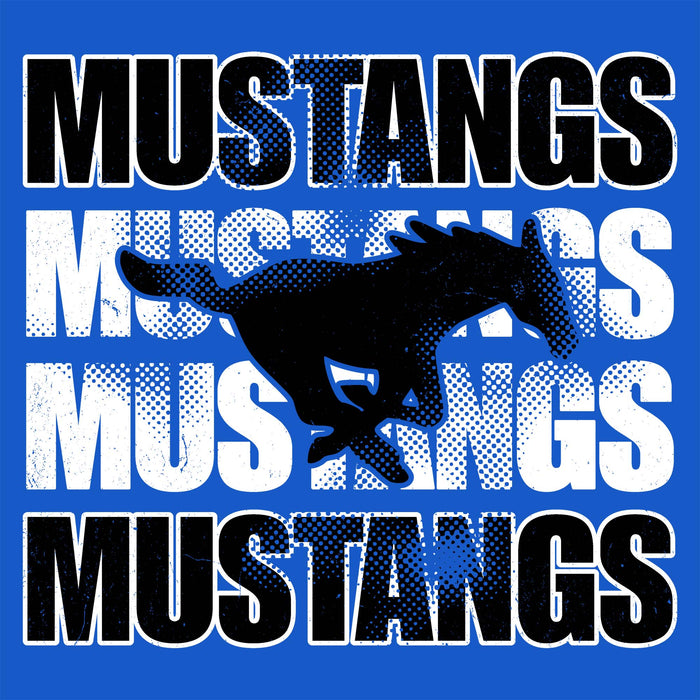A graphic design featuring the word 'MUSTANGS' repeated in large black and white block letters on a bright blue background, with a black mustang silhouette running through the center. Taylor High School Mustangs Royal Blue Classic Unisex T-shirt 233