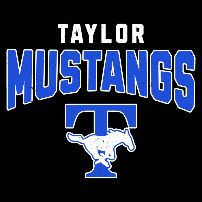 Taylor Mustangs graphic design featuring the word 'TAYLOR' in white block letters above 'MUSTANGS' in large blue varsity-style letters with white outlines, and a white Mustang logo inside a blue block at the bottom, all on a black background. Taylor High School Mustangs Black Classic Unisex T-shirt 234