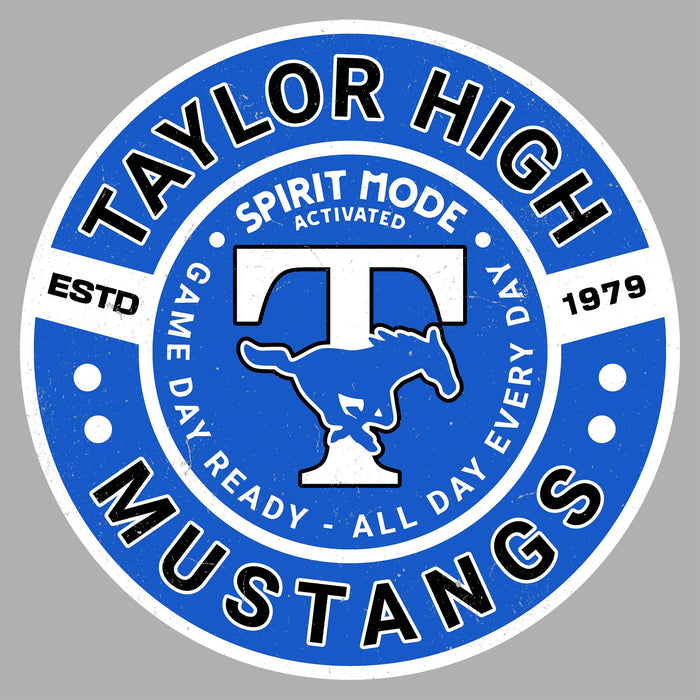 Close-up view of Taylor High School Mustangs Unisex 3/4 sleeve Raglan T-shirt 239