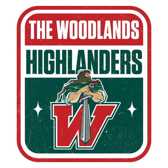 A square graphic with rounded corners featuring the text 'THE WOODLANDS HIGHLANDERS' in white and dark green, with a stylized warrior holding a sword over a large red letter W on a distressed green background. The Woodlands High School Highlanders Unisex 3/4 sleeve Raglan T-shirt 001A