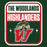 A square graphic design for 'The Woodlands Highlanders' featuring a distressed vintage-style badge. The top section is white with dark green text reading 'THE WOODLANDS' and red with white text reading 'HIGHLANDERS'. The Woodlands High School Highlanders Forest Green Classic Unisex T-shirt 001