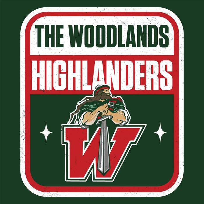 A square graphic design for 'The Woodlands Highlanders' featuring a distressed vintage-style badge. The top section is white with dark green text reading 'THE WOODLANDS' and red with white text reading 'HIGHLANDERS'. The Woodlands High School Highlanders Forest Green Classic Unisex T-shirt 001