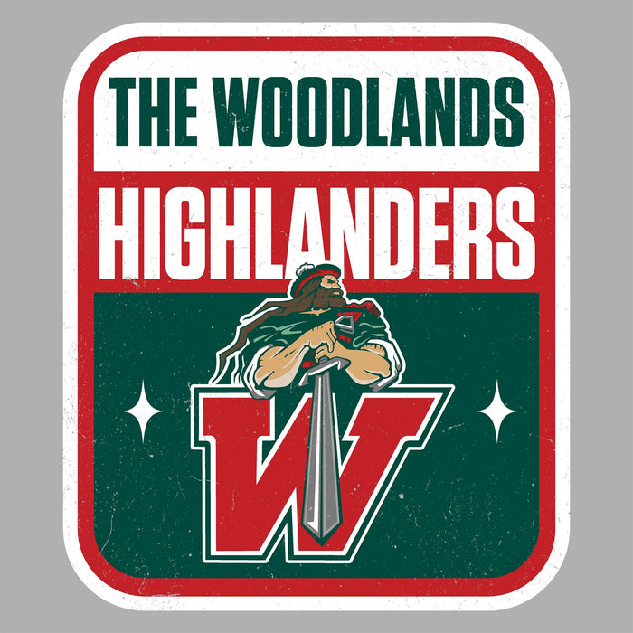 A square graphic design for 'The Woodlands Highlanders' featuring a distressed retro aesthetic. The design has a red border and is split into three sections: a white top section with dark green text reading 'THE WOODLANDS', a red middle section with white text reading 'HIGHLANDERS', and a dark green bottom section featuring a cartoon warrior holding a sword over a large red letter 'W'. The Woodlands High School Highlanders Women's Sport Grey SoftStyle T-shirt 001A