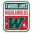 A square graphic with rounded corners featuring the text 'THE WOODLANDS HIGHLANDERS' in white and red, with a large stylized letter W in dark green and red below, on a white background. The Woodlands High School Highlanders Unisex 3/4 sleeve Raglan T-shirt 001