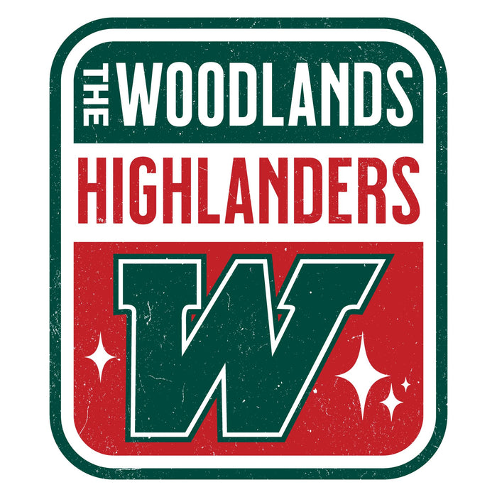 A square graphic with rounded corners featuring the text 'THE WOODLANDS HIGHLANDERS' in white and red, with a large stylized letter W in dark green and red below, on a white background. The Woodlands High School Highlanders Unisex 3/4 sleeve Raglan T-shirt 001
