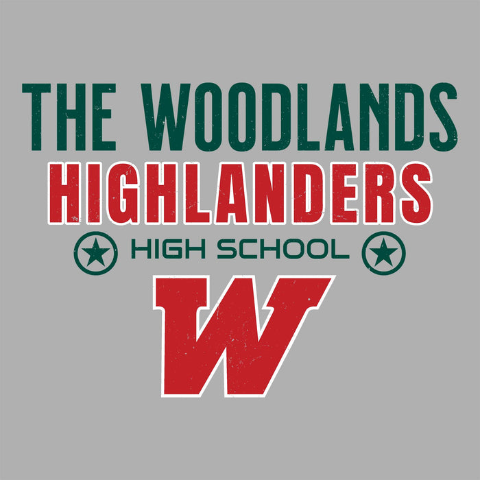Close-up view of The Woodlands High School Highlanders Unisex 3/4 sleeve Raglan T-shirt 003