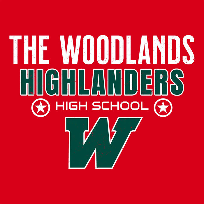 Close-up view of The Woodlands High School Highlanders Women's Red SoftStyle T-shirt 003