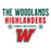 A graphic design for 'The Woodlands Highlanders High School' featuring a large distressed red and green letter 'W' with a star outline, on a solid white background. The Woodlands High School Highlanders Unisex 3/4 sleeve Raglan T-shirt 003
