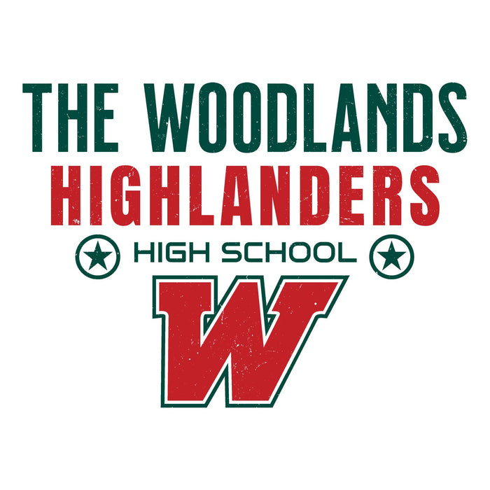 A graphic design for 'The Woodlands Highlanders High School' featuring a large distressed red and green letter 'W' with a star outline, on a solid white background. The Woodlands High School Highlanders Unisex 3/4 sleeve Raglan T-shirt 003