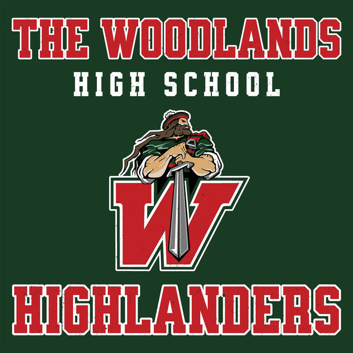 Woodlands High School Highlanders graphic on a dark green background, featuring red and white text and a mascot illustration with a sword and shield. The Woodlands High School Highlanders Forest Green Classic Unisex T-shirt 006