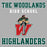 Woodlands High School Highlanders graphic on a gray background, featuring dark green and white text with a central mascot illustration above a large red and green letter W. The Woodlands High School Highlanders Women's Sport Grey SoftStyle T-shirt 006
