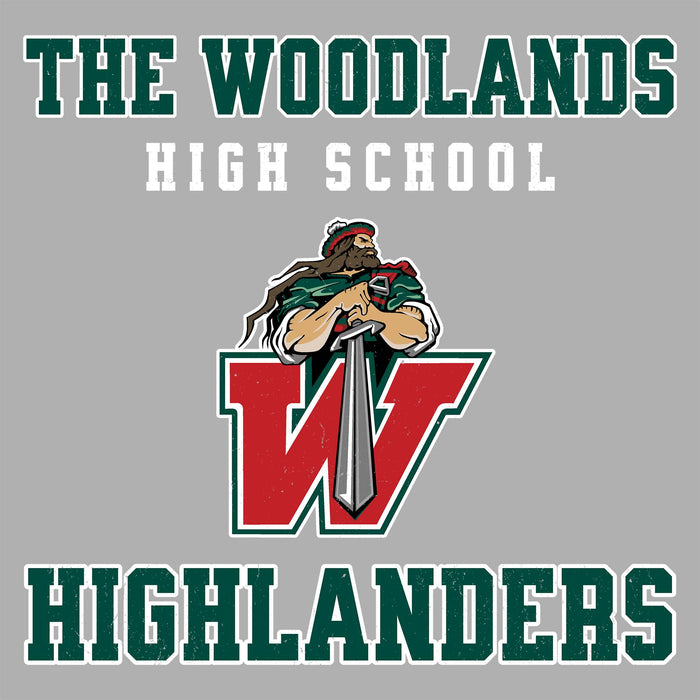 Woodlands High School Highlanders graphic on a gray background, featuring dark green and white text with a central mascot illustration above a large red and green letter W. The Woodlands High School Highlanders Women's Sport Grey SoftStyle T-shirt 006