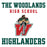 Woodlands High School Highlanders graphic with the words 'THE WOODLANDS HIGH SCHOOL' at the top, a cartoon mascot holding a sword over a large red 'W', and 'HIGHLANDERS' at the bottom on a white background. The Woodlands High School Highlanders Unisex 3/4 sleeve Raglan T-shirt 006