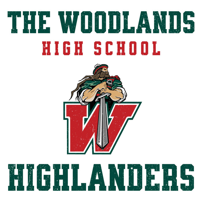 Woodlands High School Highlanders graphic with the words 'THE WOODLANDS HIGH SCHOOL' at the top, a cartoon mascot holding a sword over a large red 'W', and 'HIGHLANDERS' at the bottom on a white background. The Woodlands High School Highlanders Unisex 3/4 sleeve Raglan T-shirt 006