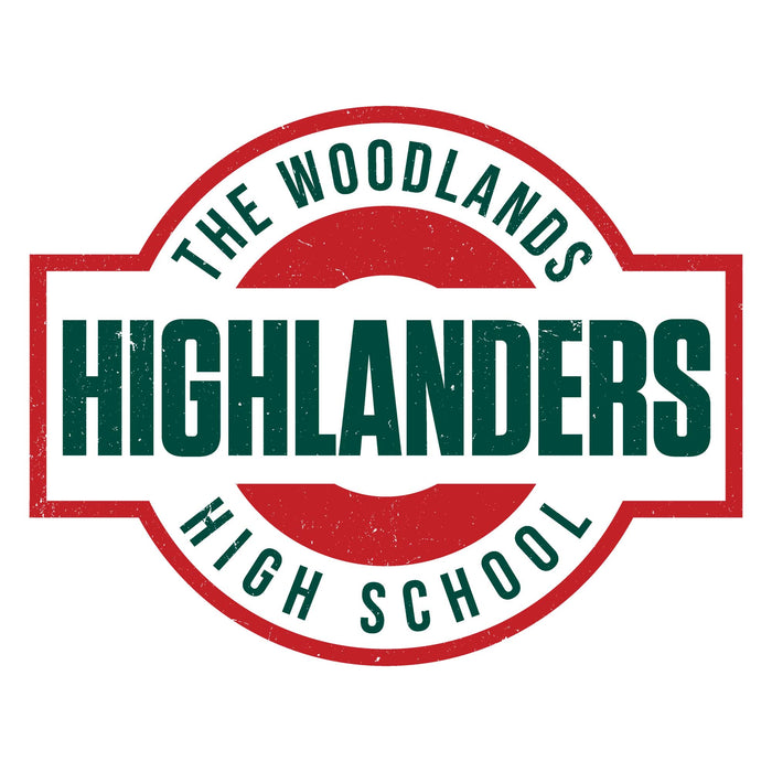 A distressed red and green school logo reading 'THE WOODLANDS HIGHLANDERS HIGH SCHOOL' on a white background. The Woodlands High School Highlanders Unisex 3/4 sleeve Raglan T-shirt 011