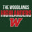 A dark green graphic with distressed white and red text reading 'THE WOODLANDS HIGHLANDERS' and a large red letter W. The Woodlands High School Highlanders Forest Green Classic Unisex T-shirt 024