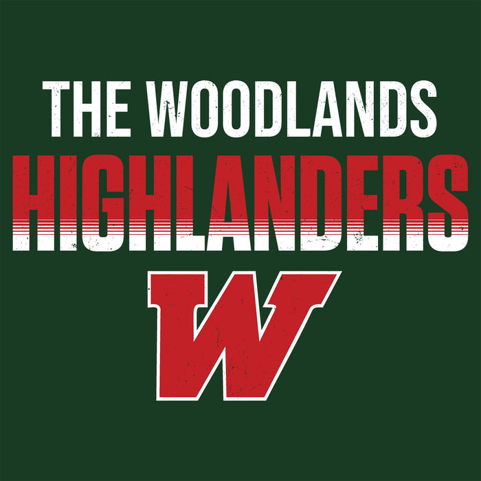 A dark green graphic with distressed white and red text reading 'THE WOODLANDS HIGHLANDERS' and a large red letter W. The Woodlands High School Highlanders Forest Green Classic Unisex T-shirt 024