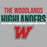 A graphic design featuring the text 'THE WOODLANDS HIGHLANDERS' and a large red letter 'W' outlined in green, set on a solid gray background. The Woodlands High School Highlanders Women's Sport Grey SoftStyle T-shirt 024