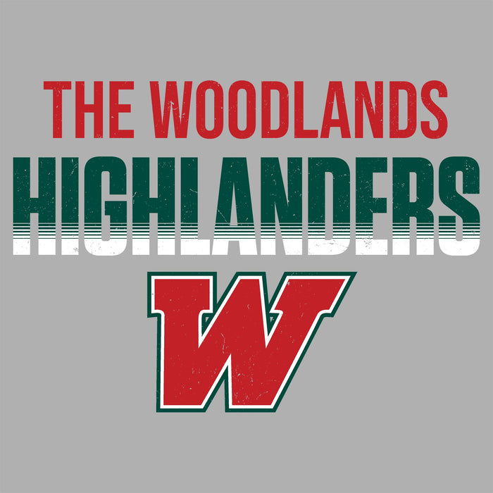 A graphic design featuring the text 'THE WOODLANDS HIGHLANDERS' and a large red letter 'W' outlined in green, set on a solid gray background. The Woodlands High School Highlanders Women's Sport Grey SoftStyle T-shirt 024