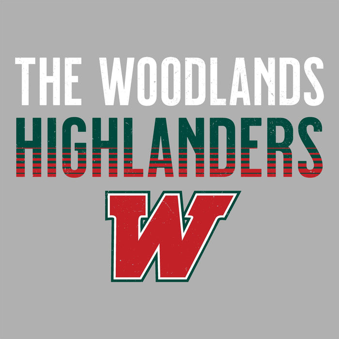 Close-up view of The Woodlands High School Highlanders Women's Sport Grey SoftStyle T-shirt 024