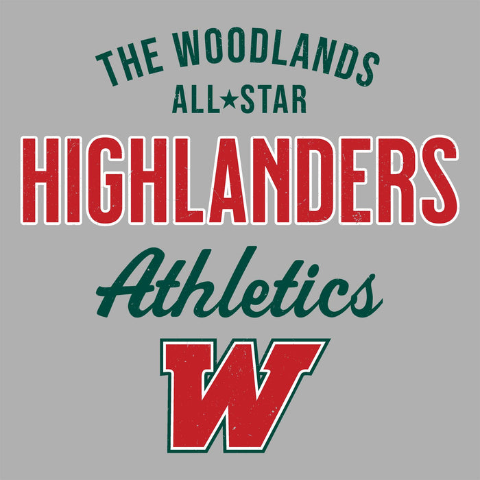 Close-up view of The Woodlands High School Highlanders Unisex 3/4 sleeve Raglan T-shirt 034