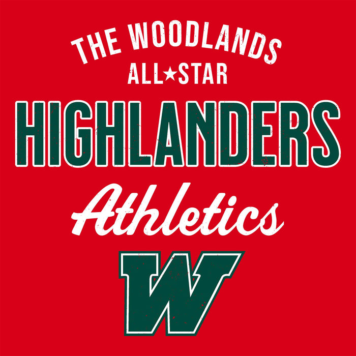 Close-up view of The Woodlands High School Highlanders Women's Red SoftStyle T-shirt 034