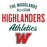 A graphic design featuring the text 'THE WOODLANDS ALL-STAR HIGHLANDERS Athletics' and a large red and green letter 'W' on a plain white background. The Woodlands High School Highlanders Unisex 3/4 sleeve Raglan T-shirt 034