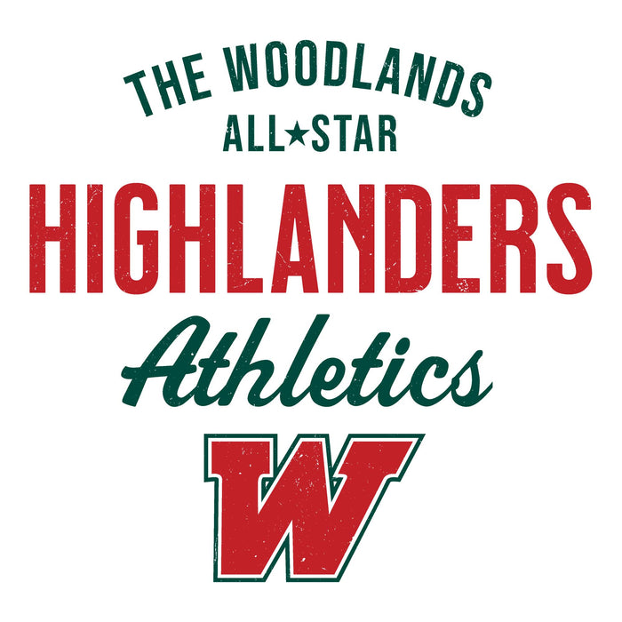 A graphic design featuring the text 'THE WOODLANDS ALL-STAR HIGHLANDERS Athletics' and a large red and green letter 'W' on a plain white background. The Woodlands High School Highlanders Unisex 3/4 sleeve Raglan T-shirt 034