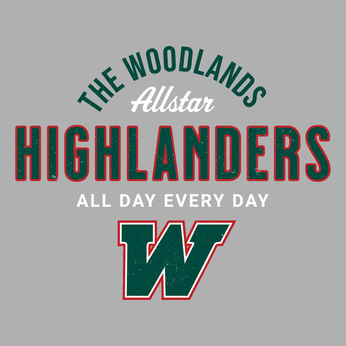 Close-up view of The Woodlands High School Highlanders Unisex 3/4 sleeve Raglan T-shirt 040