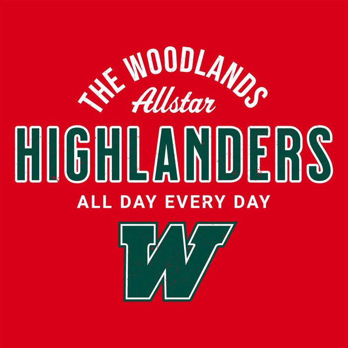 Close-up view of The Woodlands High School Highlanders Women's Red SoftStyle T-shirt 040