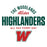 A graphic design featuring the text 'THE WOODLANDS, Allstar ,HIGHLANDERS, ALL DAY EVERY DAY' in dark green and red lettering, with a large red letter 'W' below, on a plain white background. The Woodlands High School Highlanders Unisex 3/4 sleeve Raglan T-shirt 040
