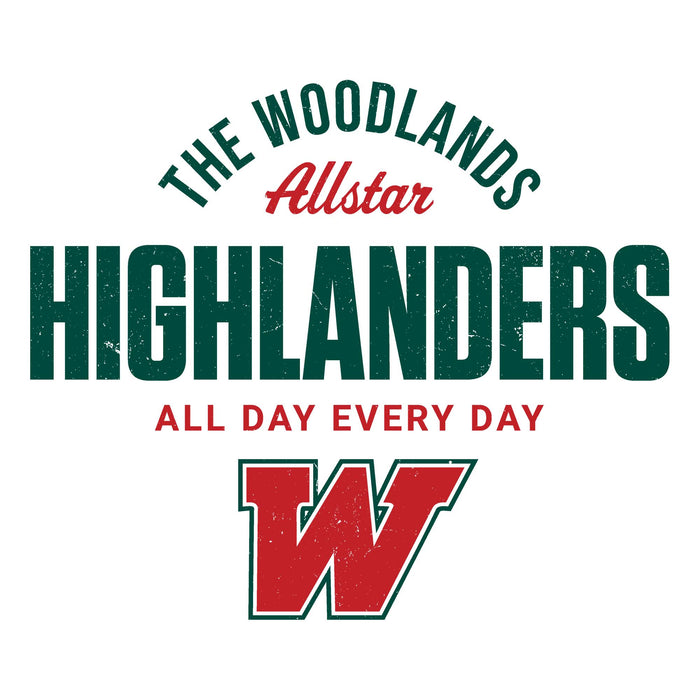 A graphic design featuring the text 'THE WOODLANDS, Allstar ,HIGHLANDERS, ALL DAY EVERY DAY' in dark green and red lettering, with a large red letter 'W' below, on a plain white background. The Woodlands High School Highlanders Unisex 3/4 sleeve Raglan T-shirt 040