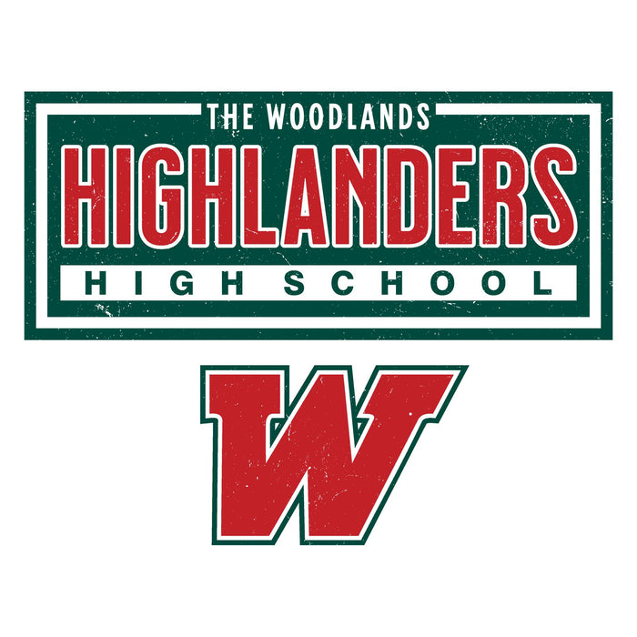 The Woodlands Highlanders High School logo featuring a dark green rectangular sign with distressed red and white lettering, and a large red and green stylized letter W below on a white background. The Woodlands High School Highlanders Unisex 3/4 sleeve Raglan T-shirt 049