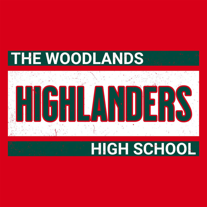 Close-up view of The Woodlands High School Highlanders Women's Red SoftStyle T-shirt 098