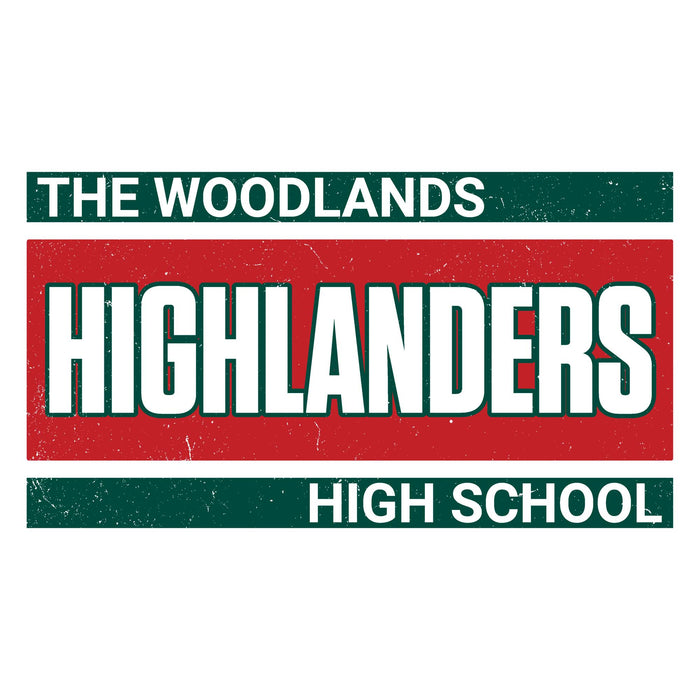 A rectangular school sign or decal reading 'THE WOODLANDS HIGHLANDERS HIGH SCHOOL' with a distressed vintage design. The top and bottom text bands are dark green, the center band is red, and the main word 'HIGHLANDERS' is in large white letters with a green outline. The Woodlands High School Highlanders Unisex 3/4 sleeve Raglan T-shirt 098
