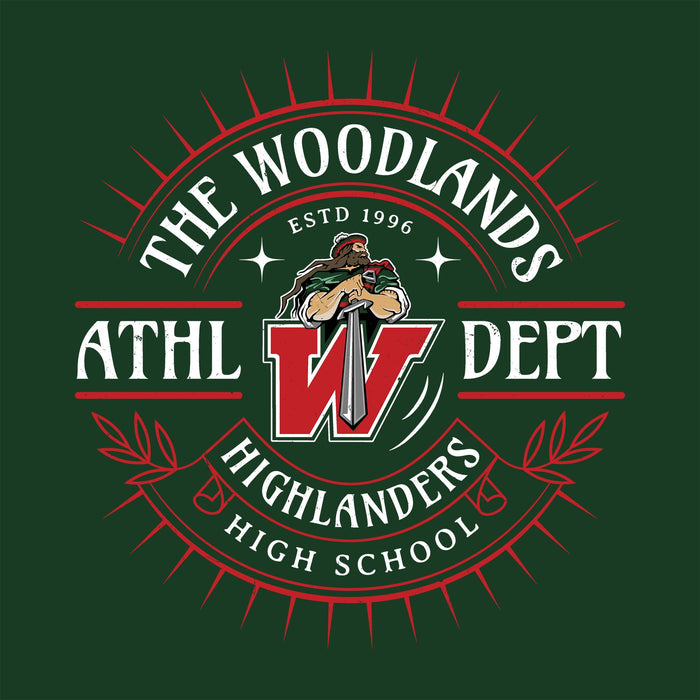 Close-up view of The Woodlands High School Highlanders Forest Green Classic Unisex T-shirt 201