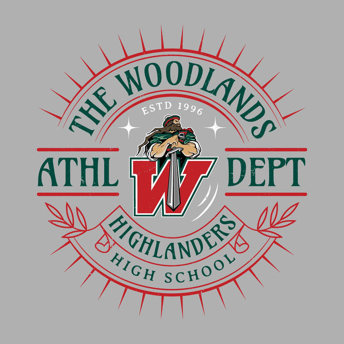 Close-up view of The Woodlands High School Highlanders Women's Sport Grey SoftStyle T-shirt 201