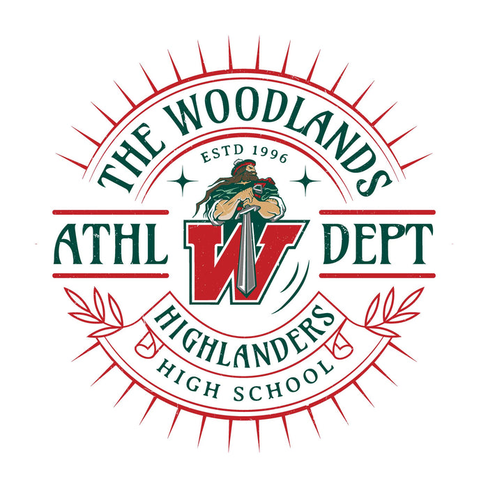 A circular school logo reading 'The Woodlands Athl Dept Highlanders High School' with a central stylized red and green 'W' and an illustration of a person holding a bow, on a white background. The Woodlands High School Highlanders Unisex 3/4 sleeve Raglan T-shirt 201