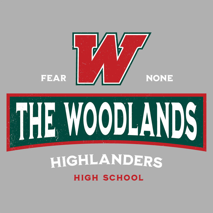 Close-up view of The Woodlands High School Highlanders Unisex 3/4 sleeve Raglan T-shirt 202