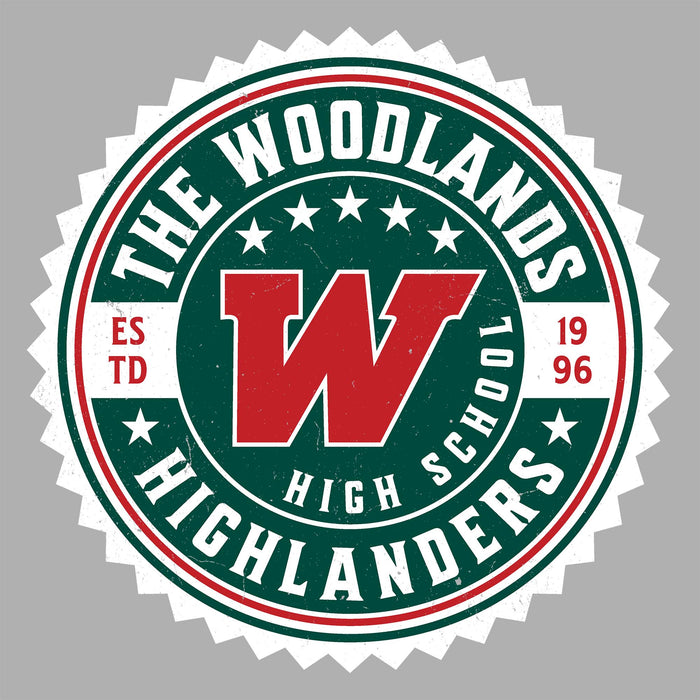 Close-up view of The Woodlands High School Highlanders Unisex 3/4 sleeve Raglan T-shirt 203