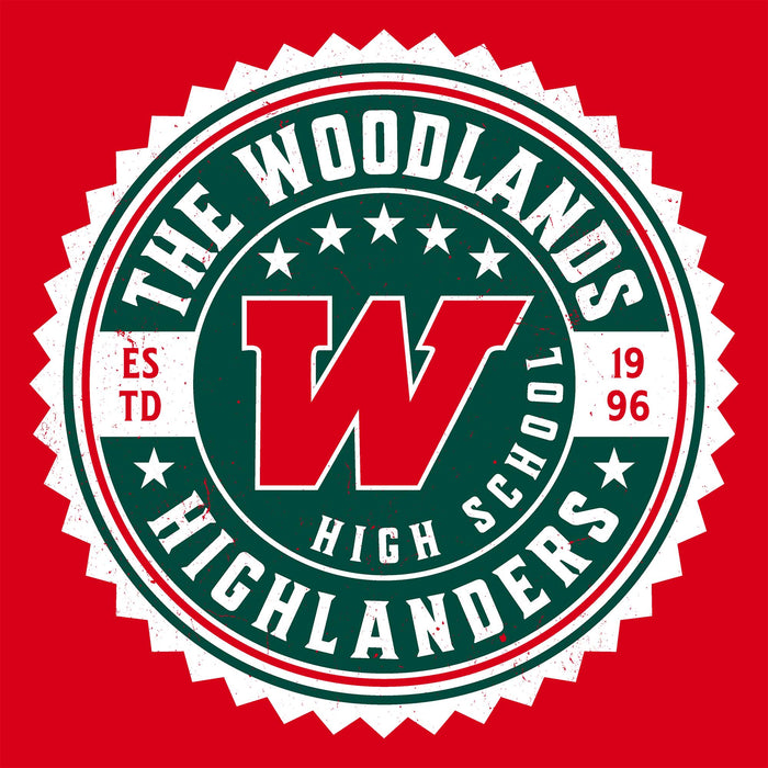 Close-up view of The Woodlands High School Highlanders Women's Red SoftStyle T-shirt 203