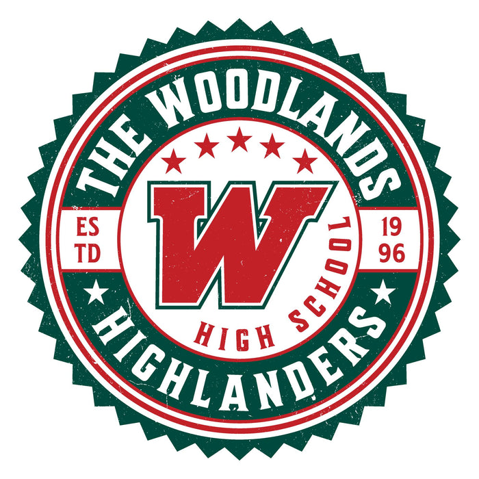 Close-up view of The Woodlands High School Highlanders Unisex 3/4 sleeve Raglan T-shirt 203