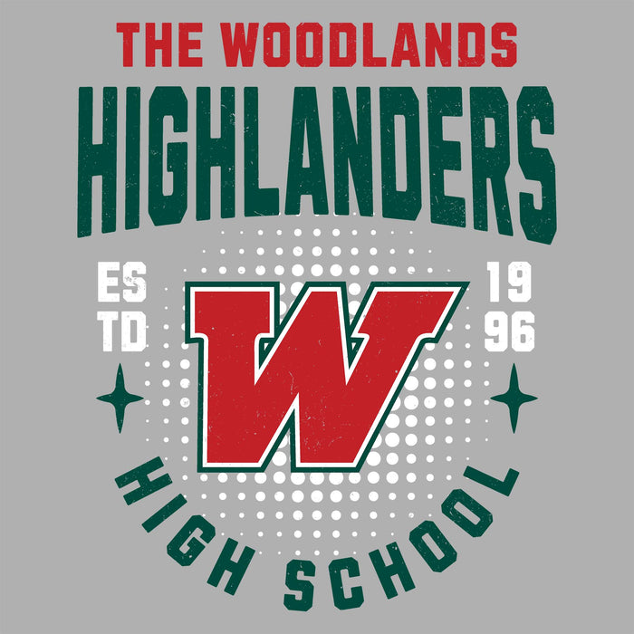 Close-up view of The Woodlands High School Highlanders Unisex 3/4 sleeve Raglan T-shirt 204