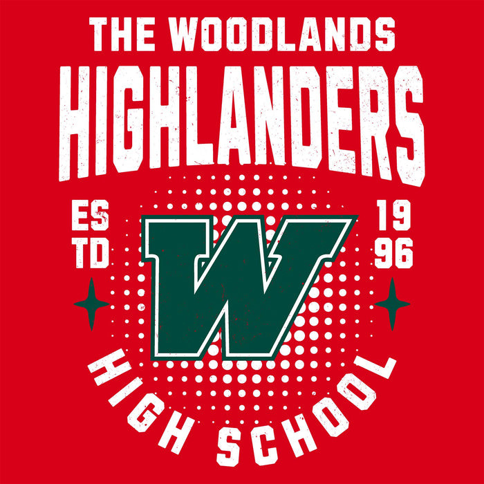 Close-up view of The Woodlands High School Highlanders Women's Red SoftStyle T-shirt 204