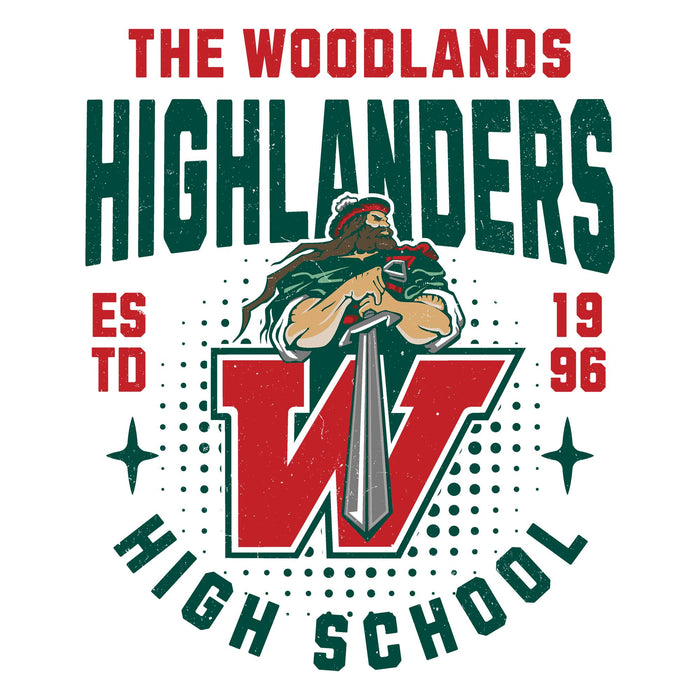 A vintage-style school graphic reading 'THE WOODLANDS HIGHLANDERS HIGH SCHOOL' with a large red and dark green 'W', a bearded mascot holding a sword, and 'ESTD 1996' on a white background. The Woodlands High School Highlanders Unisex 3/4 sleeve Raglan T-shirt 204