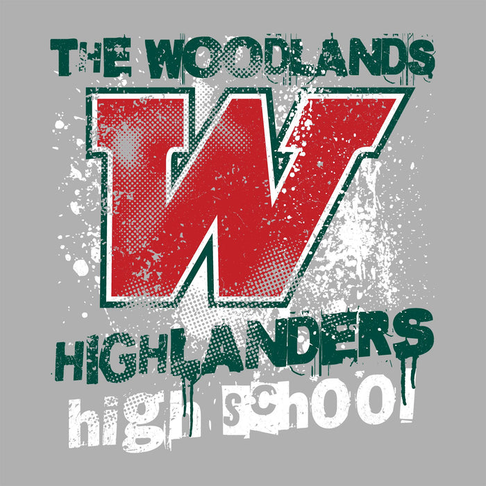 Close-up view of The Woodlands High School Highlanders Unisex 3/4 sleeve Raglan T-shirt 205