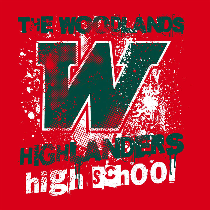 Close-up view of The Woodlands High School Highlanders Women's Red SoftStyle T-shirt 205