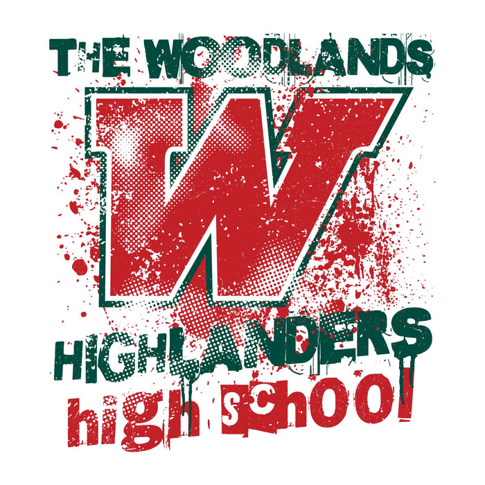 Close-up view of The Woodlands High School Highlanders Unisex 3/4 sleeve Raglan T-shirt 205
