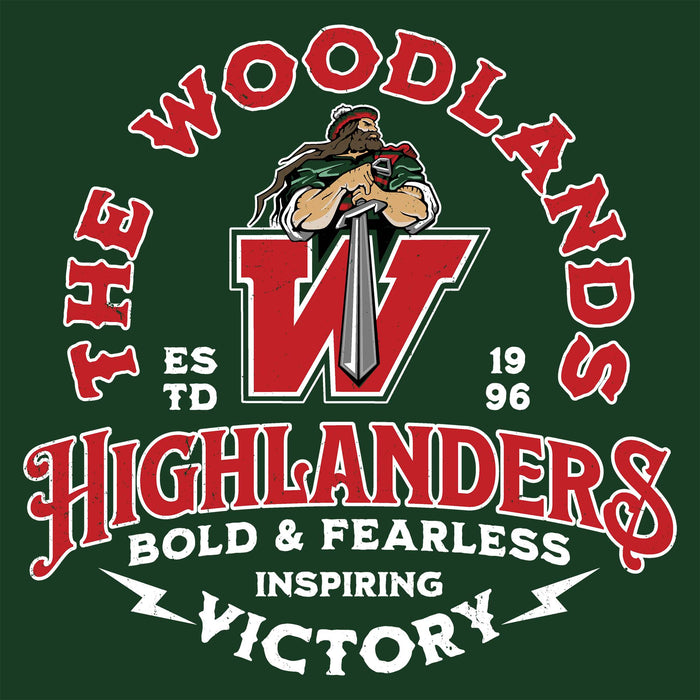 Close-up view of The Woodlands High School Highlanders Forest Green Classic Unisex T-shirt 206