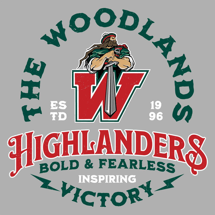 Close-up view of The Woodlands High School Highlanders Unisex 3/4 sleeve Raglan T-shirt 206